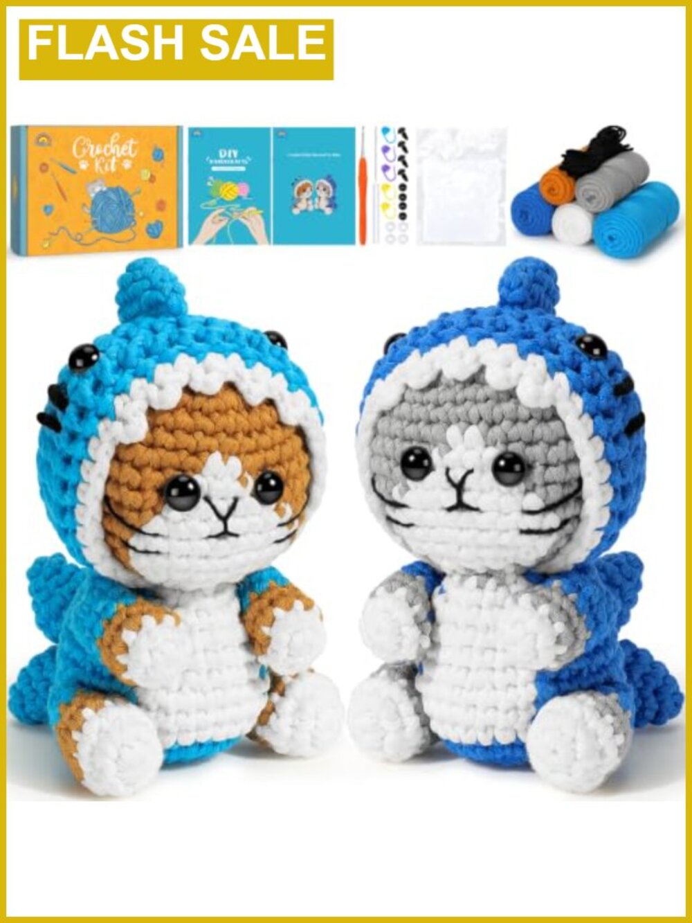 Crochet Kit for Beginners All-In-One Amigurumi Shark Cat 3 Animal Patterns